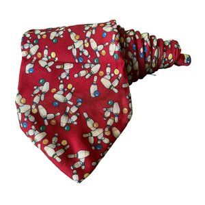 Vintage Red Bowling Pins Billiard Balls Novelty 100% Silk Mens Necktie Tie Italy